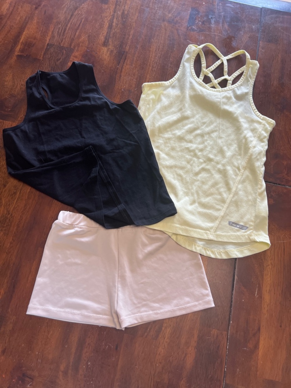 Light Yellow Strappy Tank + Black Tank & Light Pink Shorts Set size 10 girls